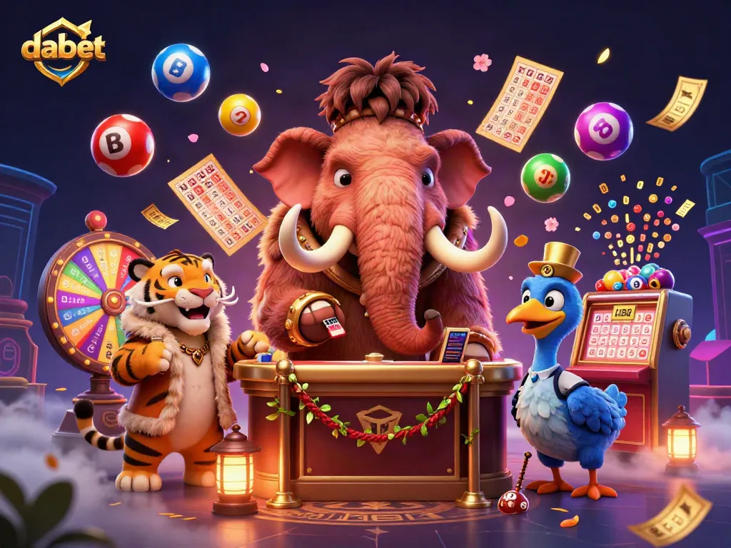 Dabet showcases a dynamic 3D casino scene with a woolly mammoth bouncer and slot game elements