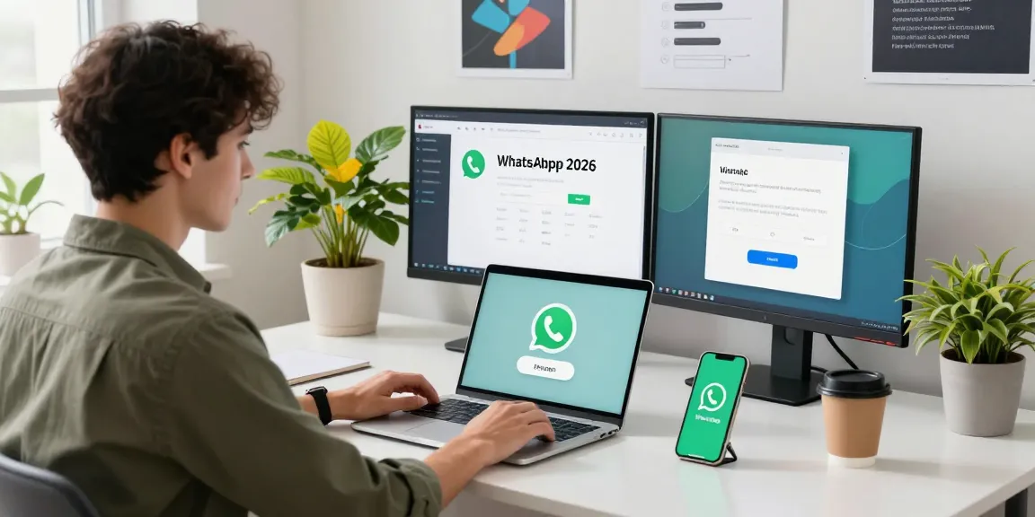 Downloading WhatsApp下載 in a modern tech workspace with dual monitors and a vibrant atmosphere.