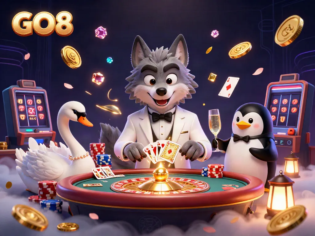 Experience the excitement of GO8 with a debonair wolf and elegant swan at a baccarat table, surrounded by golden coins.