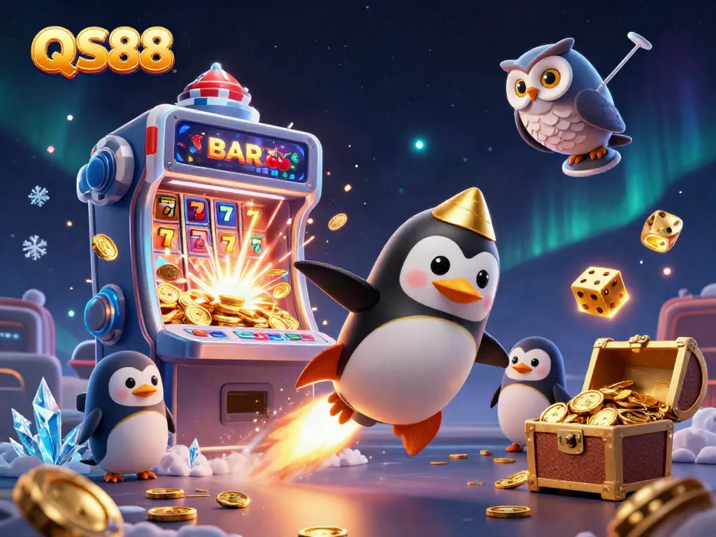 Experience the excitement of QS88 with a golden penguin and jackpot elements in a vibrant casino scene.