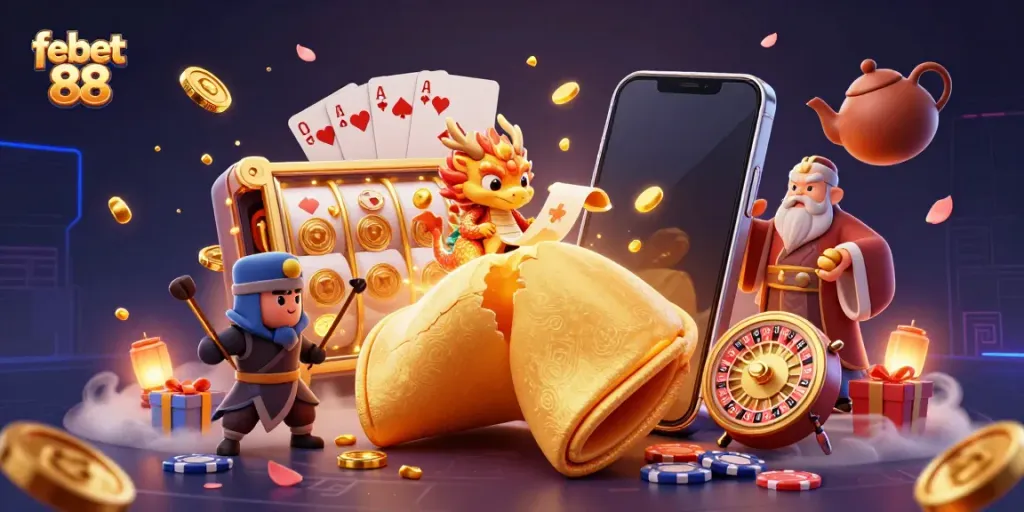 Experience excitement with febet 88's giant fortune cookie scene featuring a dragon and dynamic casino elements.