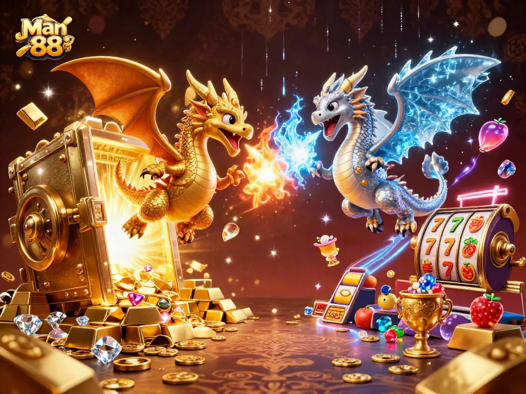 Experience thrilling adventures with Man 88 in a vibrant casino scene featuring dragons and treasures.