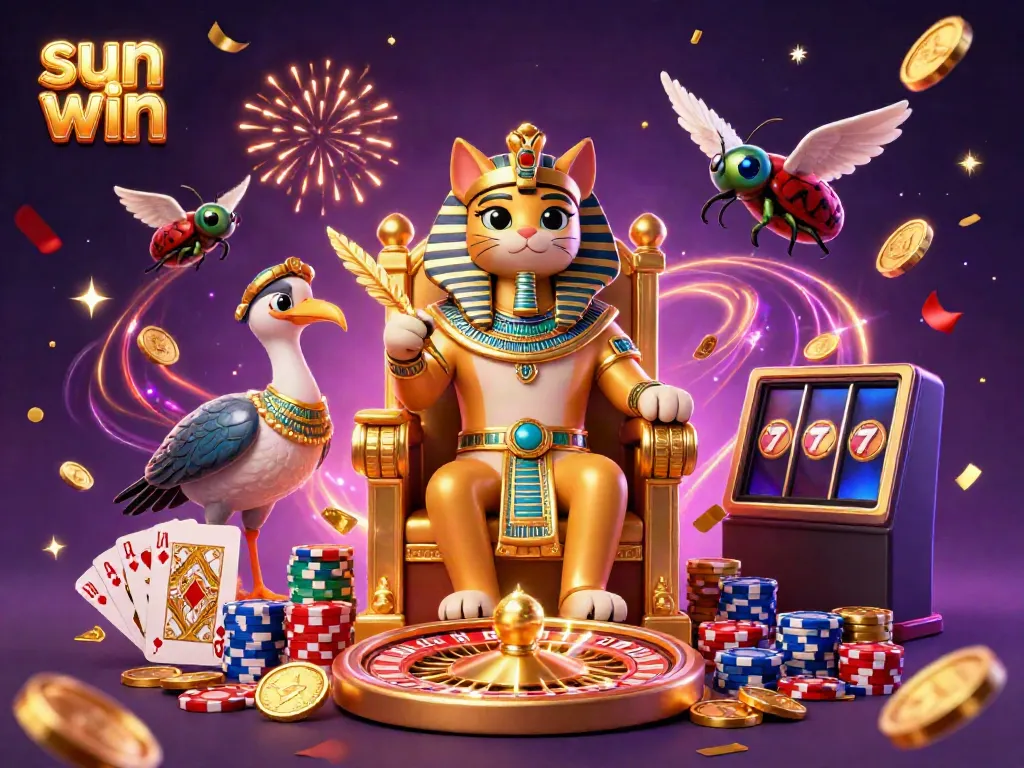 Engaging scene showcasing the "sun win" gaming experience with a 3D pharaoh cat and vibrant casino elements.