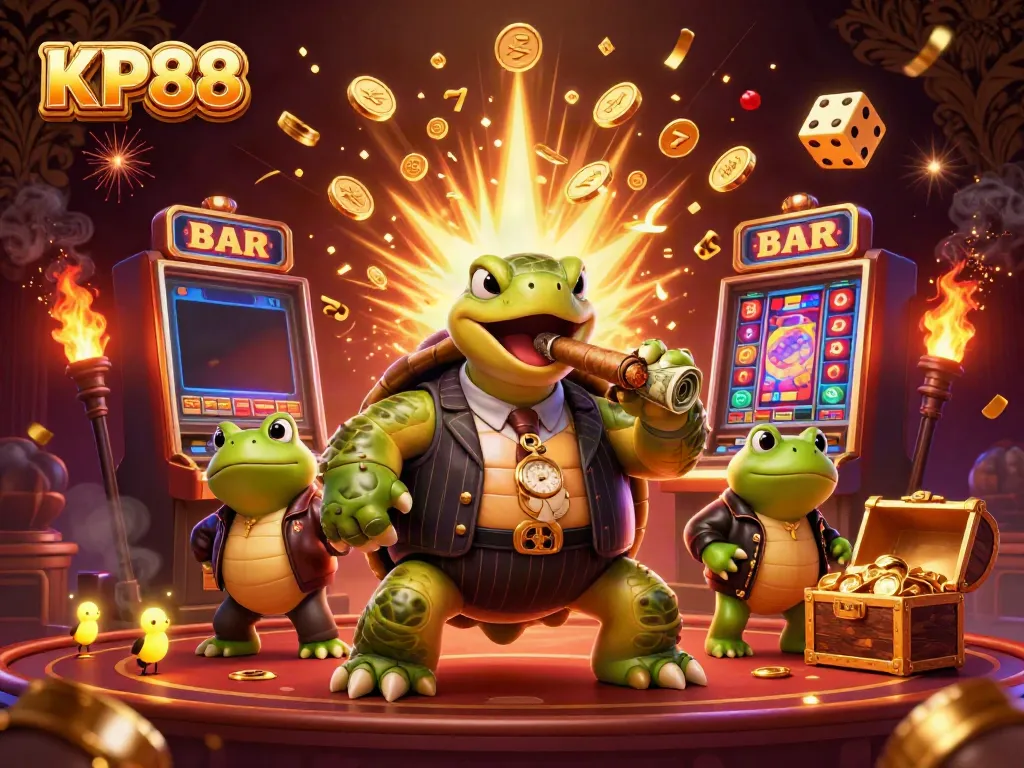 KP88 captures exhilarating casino action with a snapping turtle mobster amidst rolling jackpot coins and vibrant symbols.