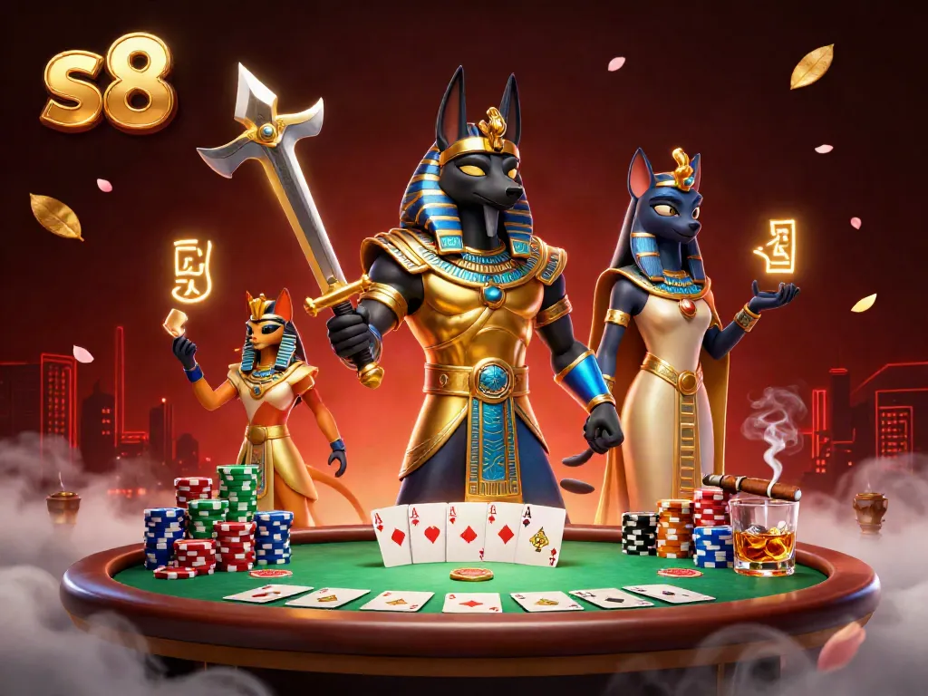 Experience thrilling gaming with s8's vibrant casino illustration featuring Anubis and Bastet.