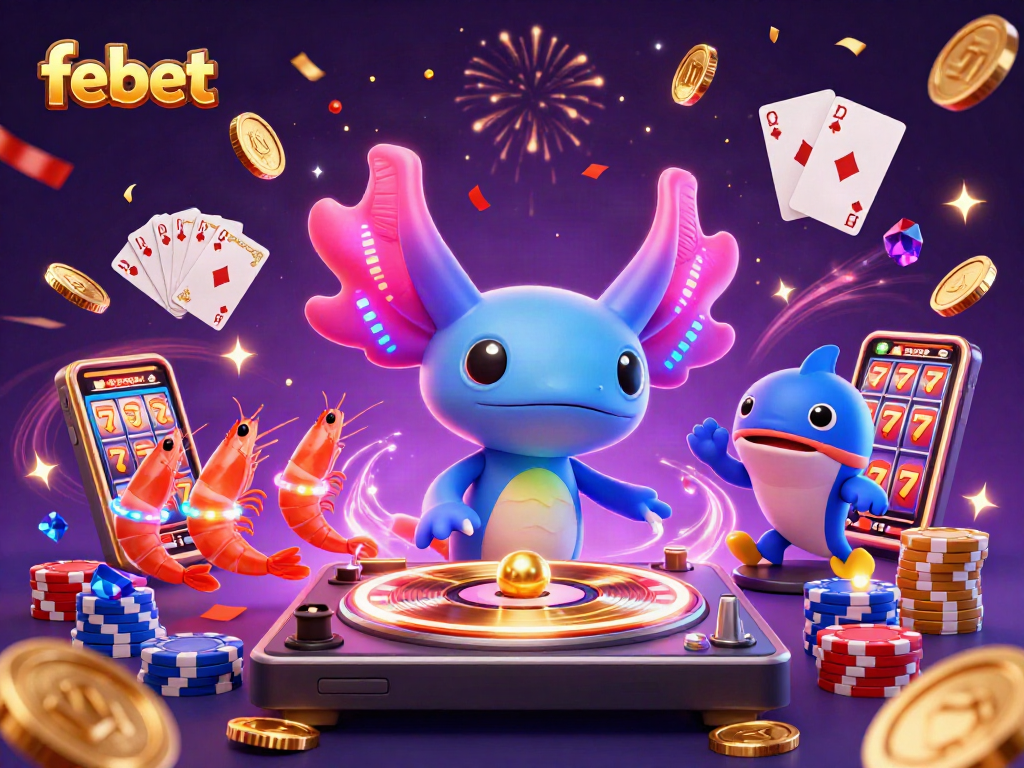 febet showcases a festive casino scene with an axolotl DJ and animated shrimp surrounded by sparkling gems and coins