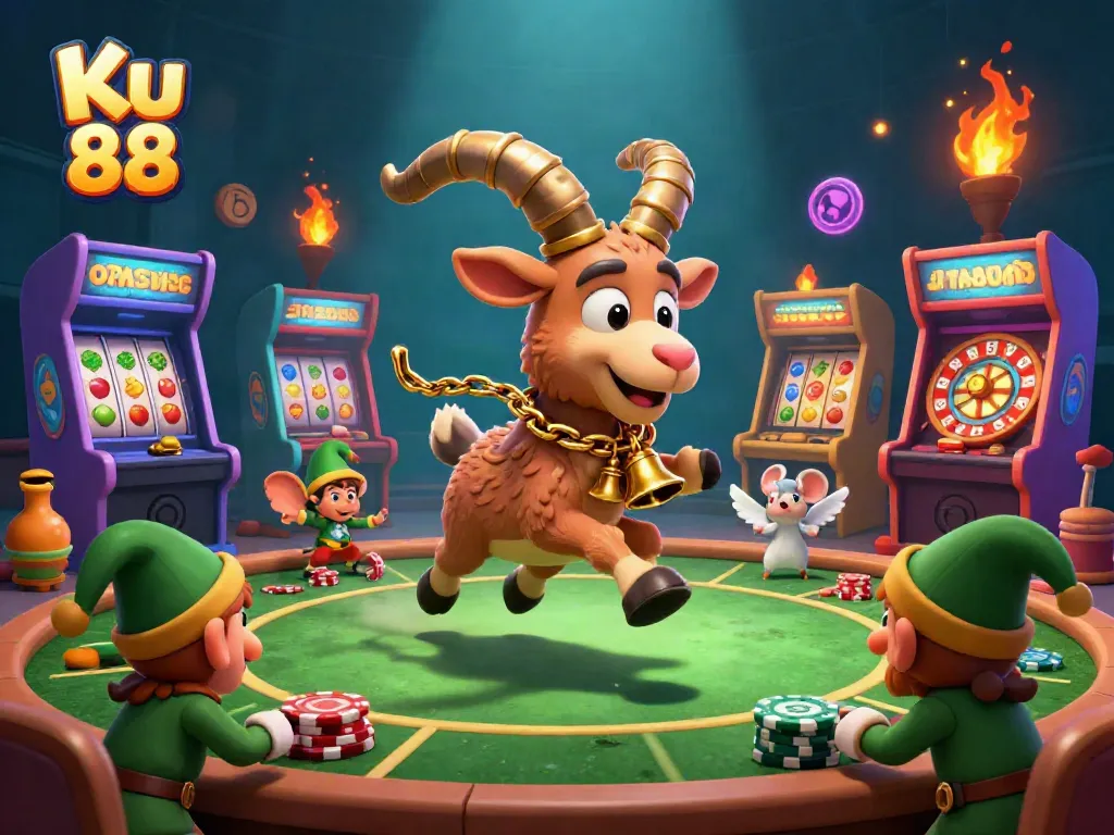 Experience the thrilling Ku 88 gambling scene with vibrant characters, exciting games, and festive elements.