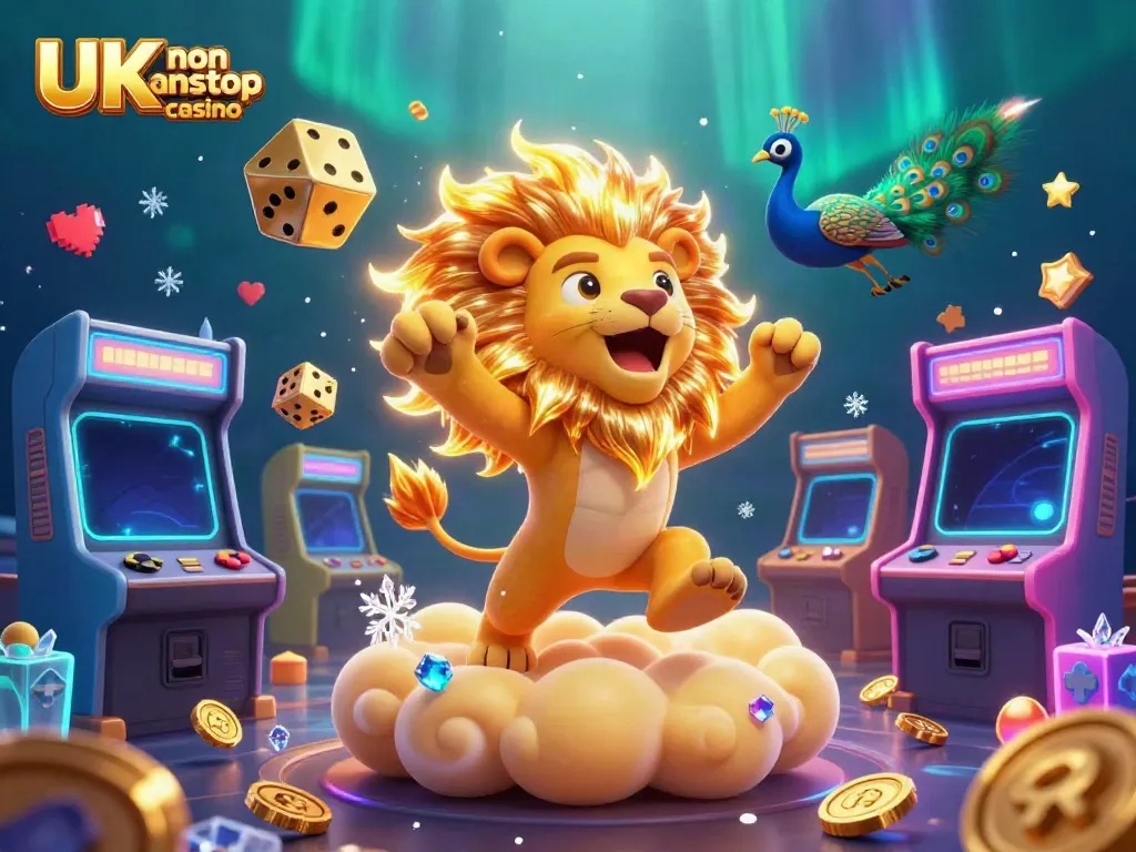 Engage with the vibrant world of UK non gamstop casino featuring a roaring lion and cosmic dice.