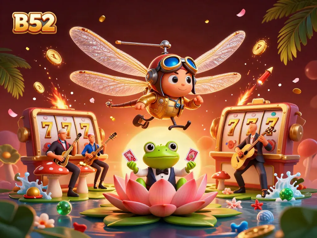 Engage with B52's vibrant online casino experience in a bustling, animated scene.