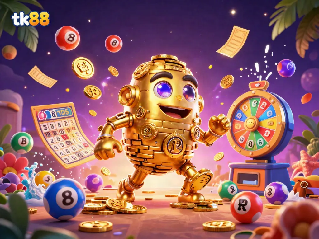 Engage with the dynamic world of tk88, featuring spinning prize wheels, colorful lottery balls, and a golden golem amidst vibrant casino elements.
