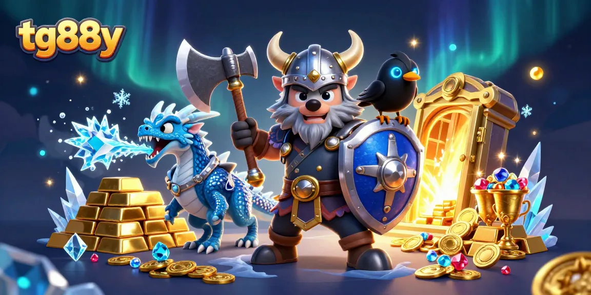 Experience the thrill of tg88y with a Viking wolf warrior, dragon, and treasures in an epic gaming scene.