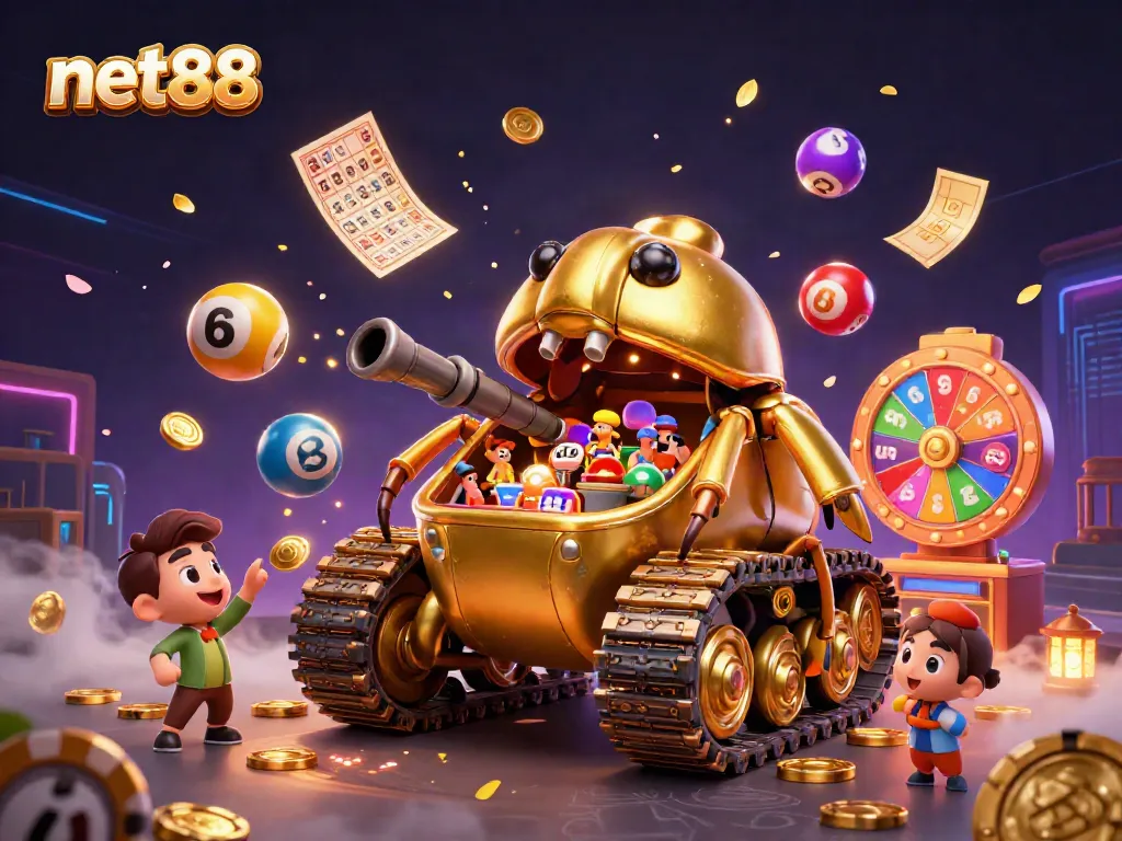 Engage with the dynamic world of net88 featuring a golden beetle tank casino, lottery balls, and vibrant games.