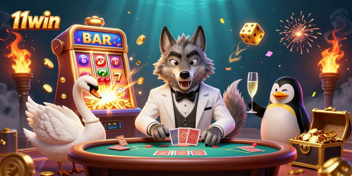 Experience the excitement of 11win with a dynamic casino scene featuring vibrant characters and game elements.