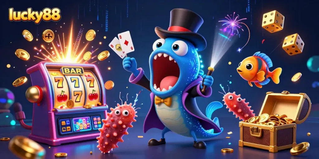 Experience thrilling lucky88 moments with a vibrant casino scene featuring unique characters and jackpot elements.
