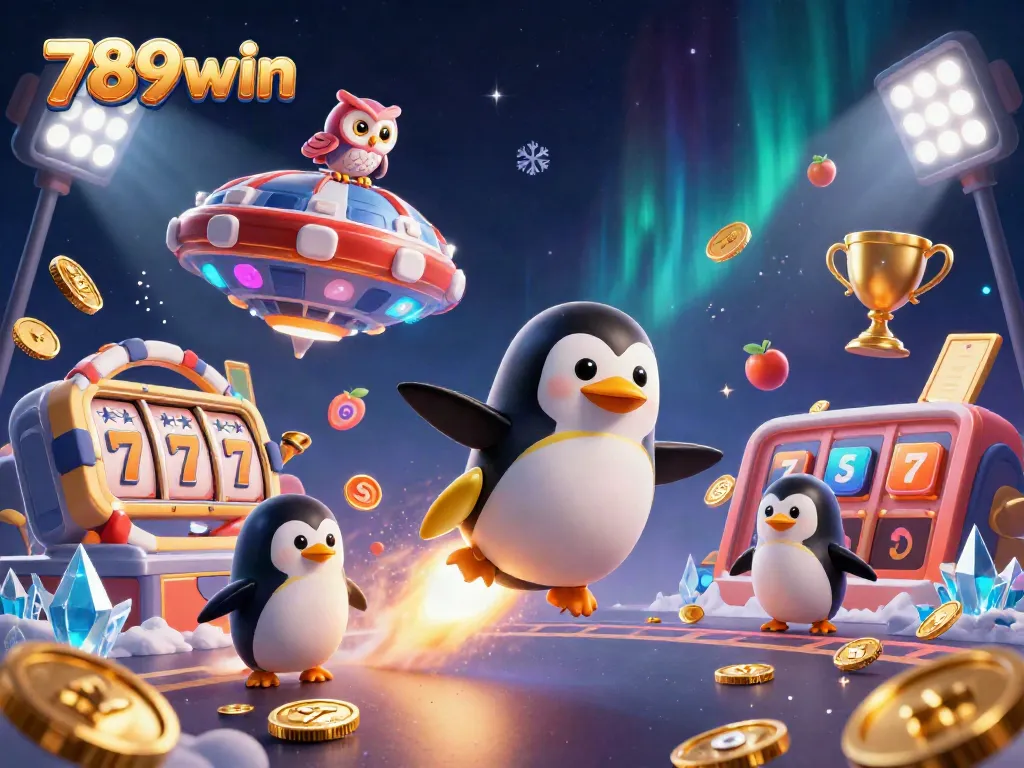 Experience the excitement of 789win as a golden penguin leads the way to a vibrant casino adventure.