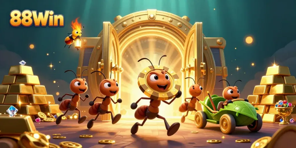 Engage in thrilling gaming at 88Win with ants heisting a giant poker chip in a rich casino scene