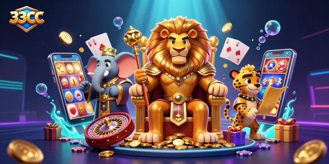 Experience 33CC's thrilling casino adventures with a majestic lion king and vibrant gaming elements.