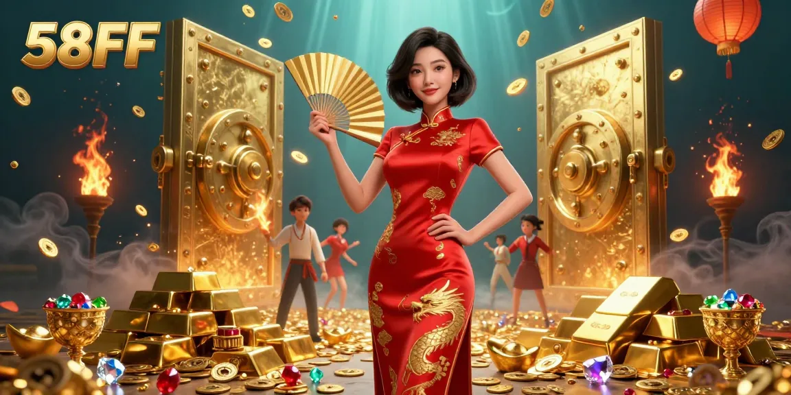 Experience the excitement of 58FF with floating golden coins and vibrant casino elements in a luxurious illustration.