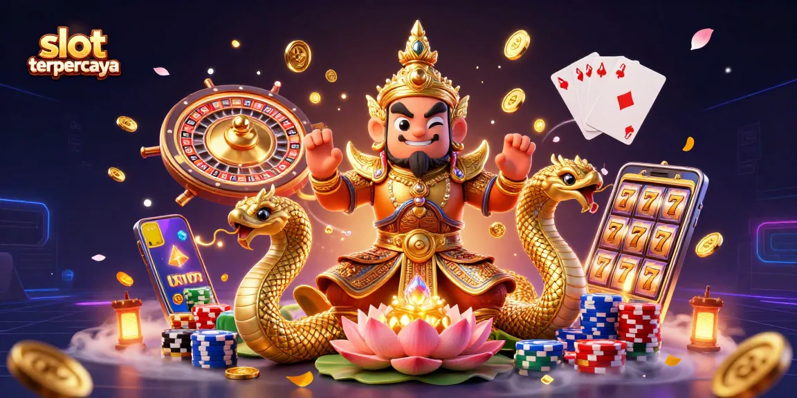 Win big at slot terpercaya with vibrant golden coins and authentic Thai guardians in a casino scene.
