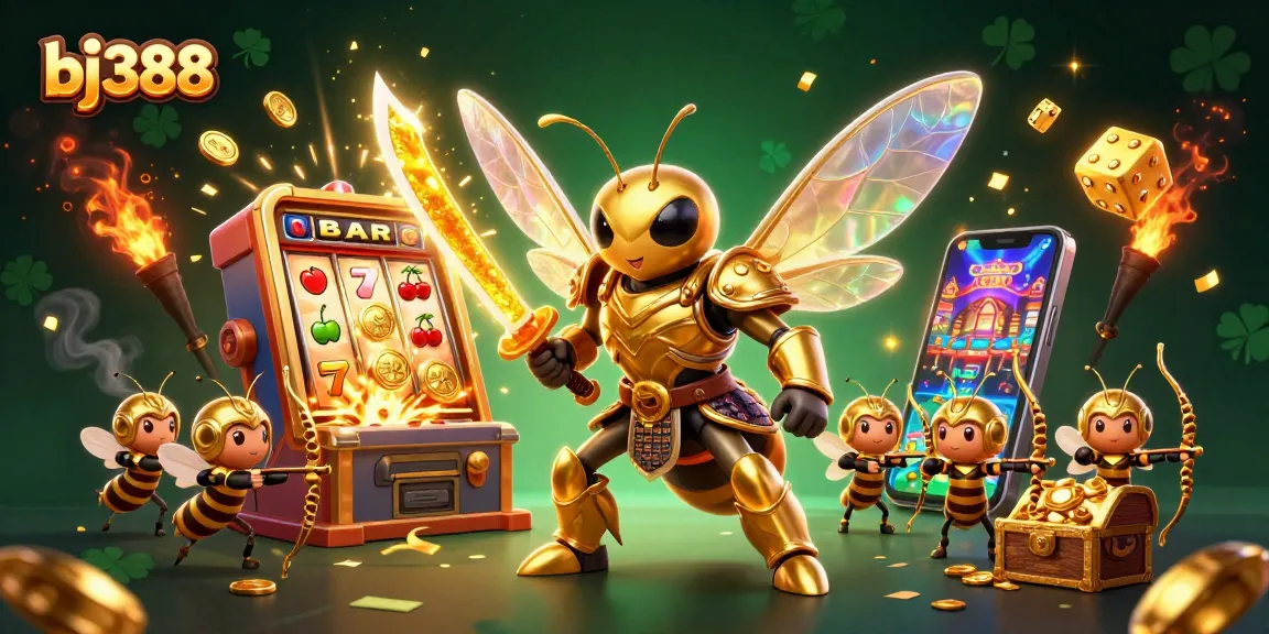 Experience thrilling gameplay at bj388, featuring a giant hornet samurai and vibrant casino elements.
