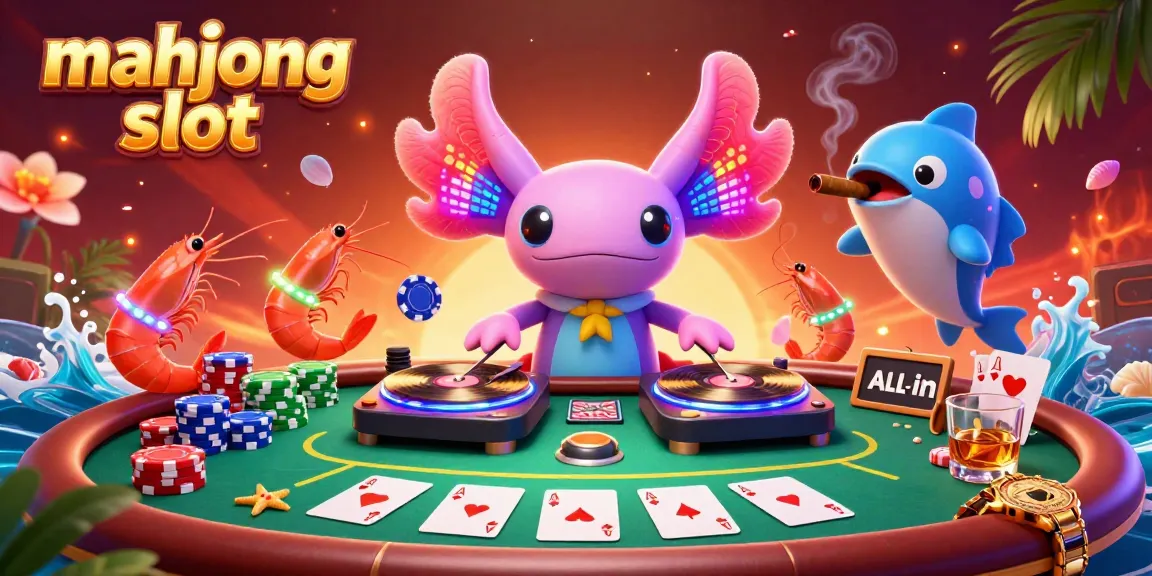 Play the exciting mahjong slot game with vibrant axolotl DJ and festive underwater characters.