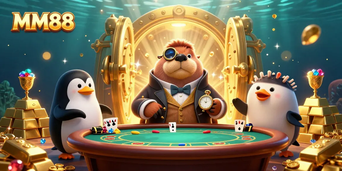 Engage in the thrilling excitement of MM88 with a vibrant underwater poker game scene featuring a walrus, penguin dealer, and pufferfish.