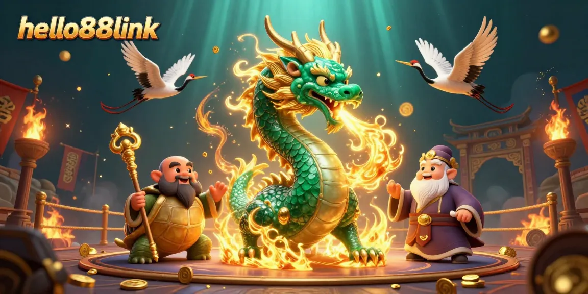 Engage in thrilling action at hello88link with a vibrant gambling scene featuring a jade dragon and lucky cranes.