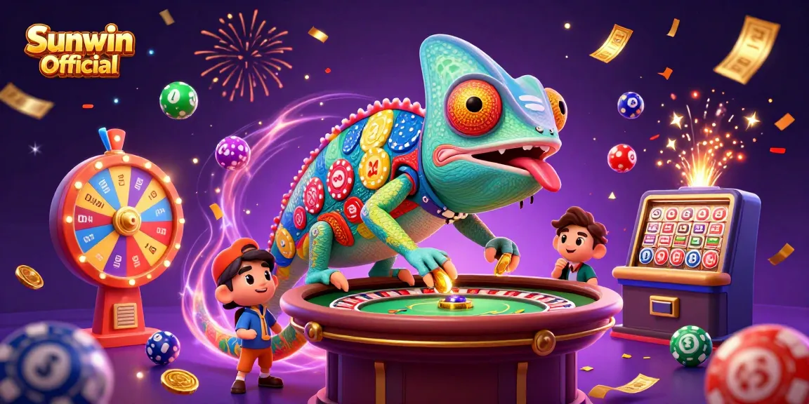 Experience excitement with Sunwin Official in this dynamic 3D casino scene featuring vibrant elements.