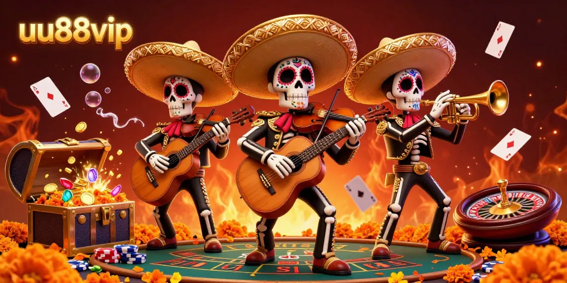 Engage with uu88vip's vibrant casino illustration featuring a Día de los Muertos mariachi band surrounded by gold and casino elements.