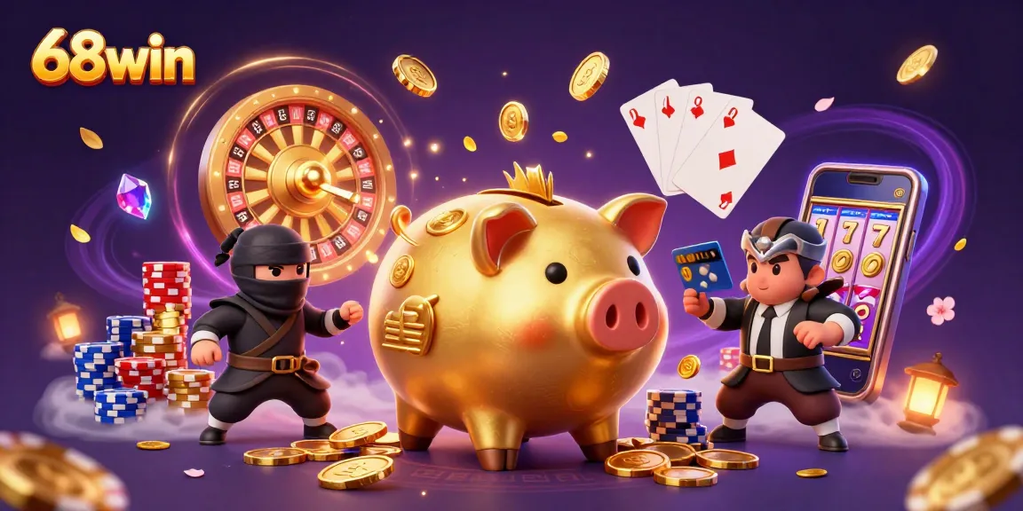 Experience excitement at 68win with a vibrant scene of a golden piggy bank sumo wrestler and more.