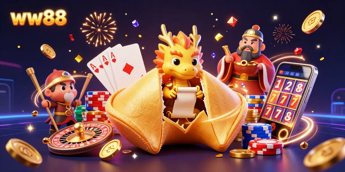 Experience thrilling wins at ww88 with a vibrant 3D casino illustration showcasing games and lucky symbols.