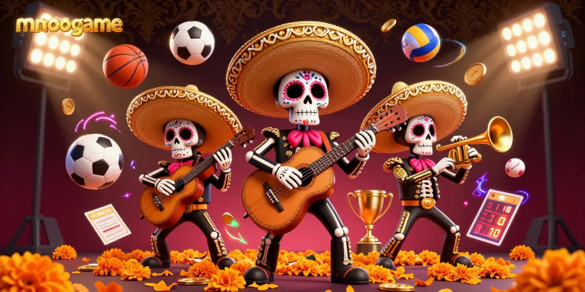 Bet on mmoogame with vibrant mariachi skeletons and dynamic sports elements.