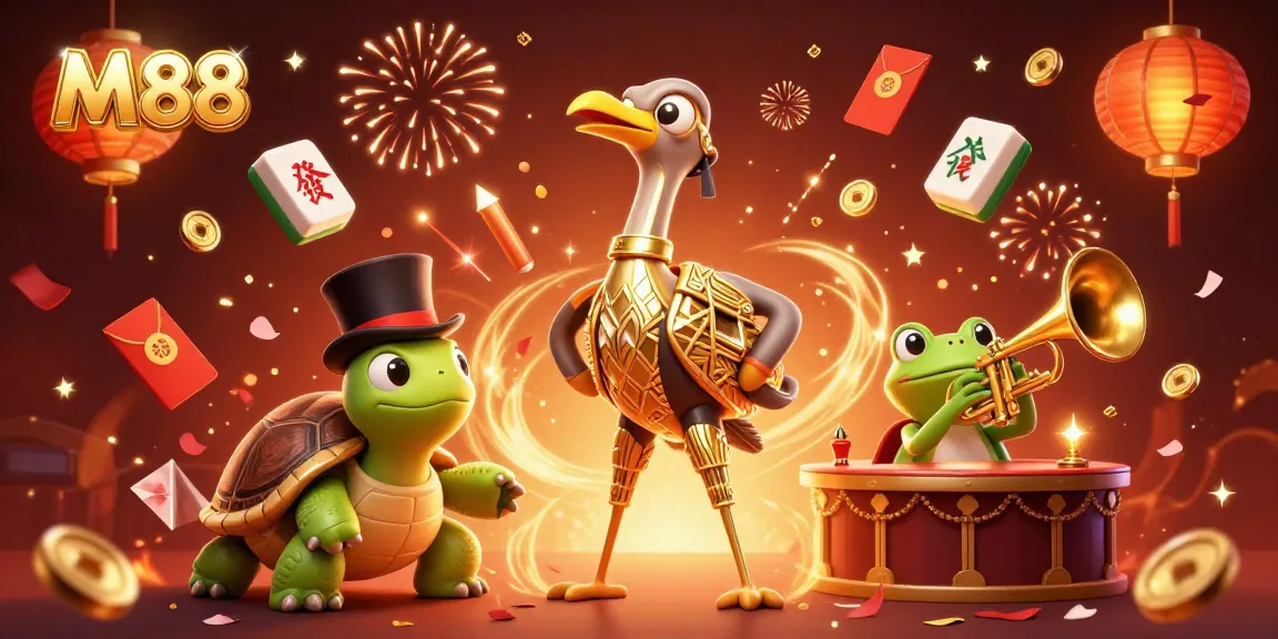 Experience the thrill of betting with M88 through a lively, colorful casino scene featuring animated characters.