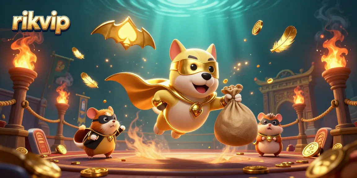 Experience thrilling gameplay at rikvip with superhero dog and hamster in a vibrant casino scene.