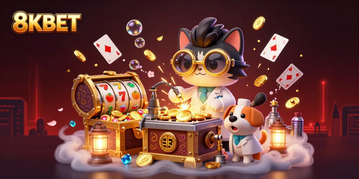 Experience 8KBET thrills with a cartoon cat scientist creating gold coins and festive casino elements.