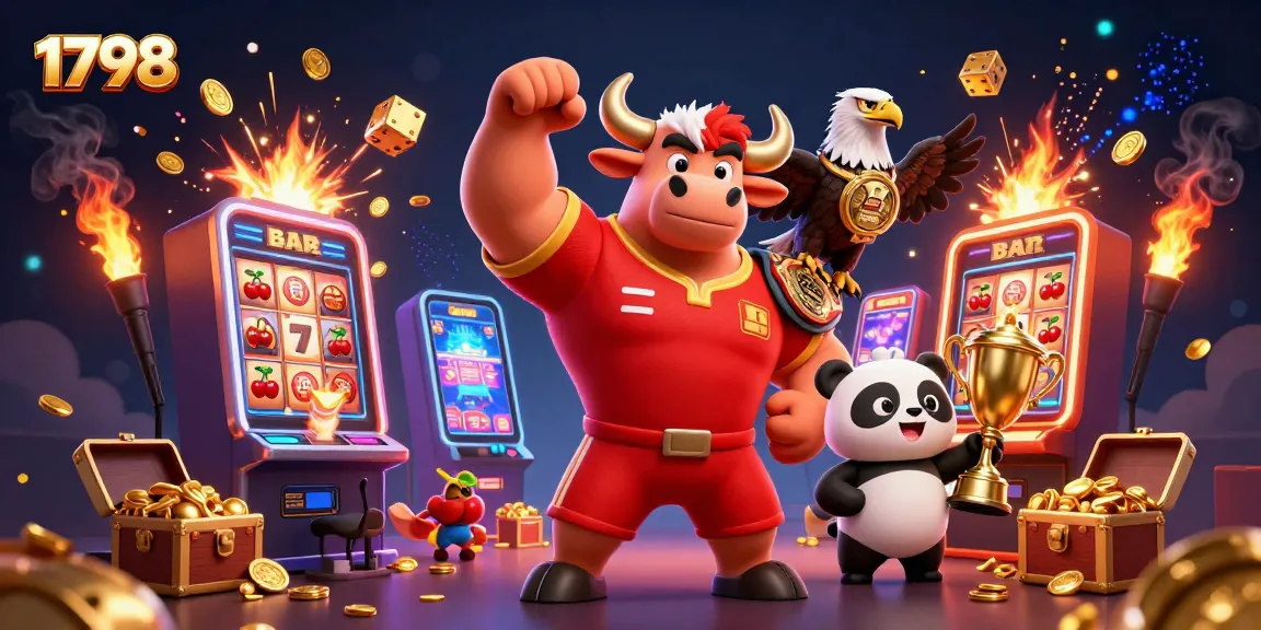 Experience thrilling wins at 1798 with an exciting scene of animated casino characters celebrating jackpot victories.