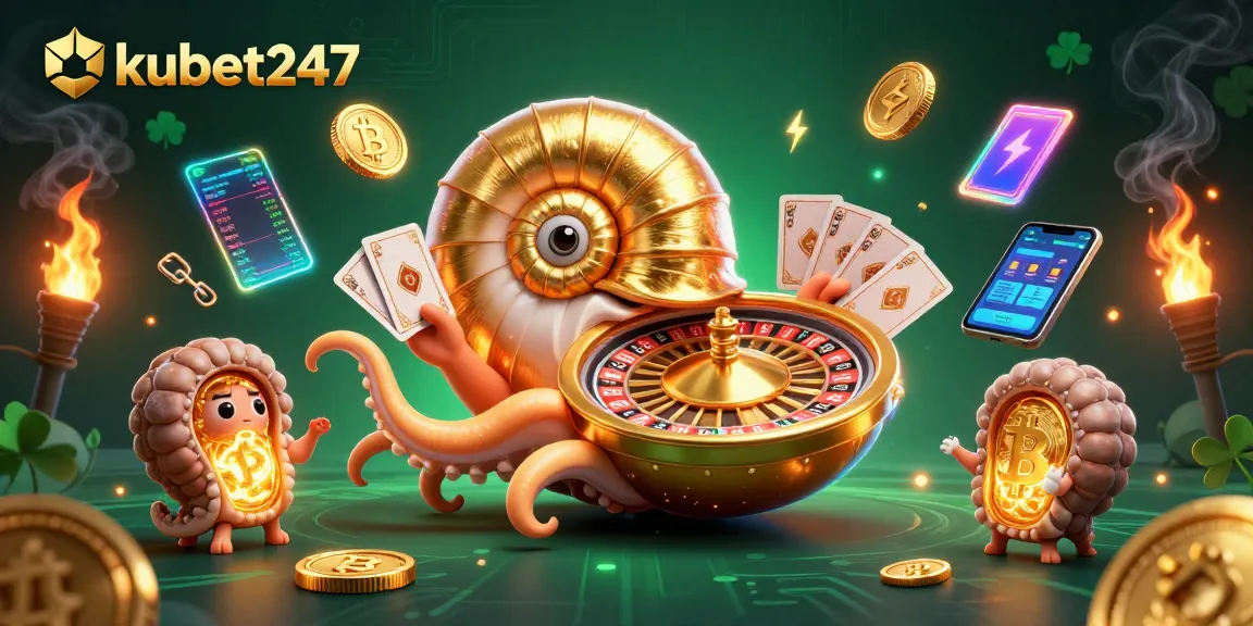 Experience the thrill of kubet247 with a vibrant 3D casino scene featuring a golden roulette wheel and digital elements.