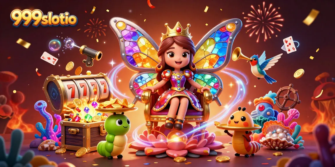 Engage in thrilling gaming action with 999slotio, featuring vibrant casino elements and a magical scene.