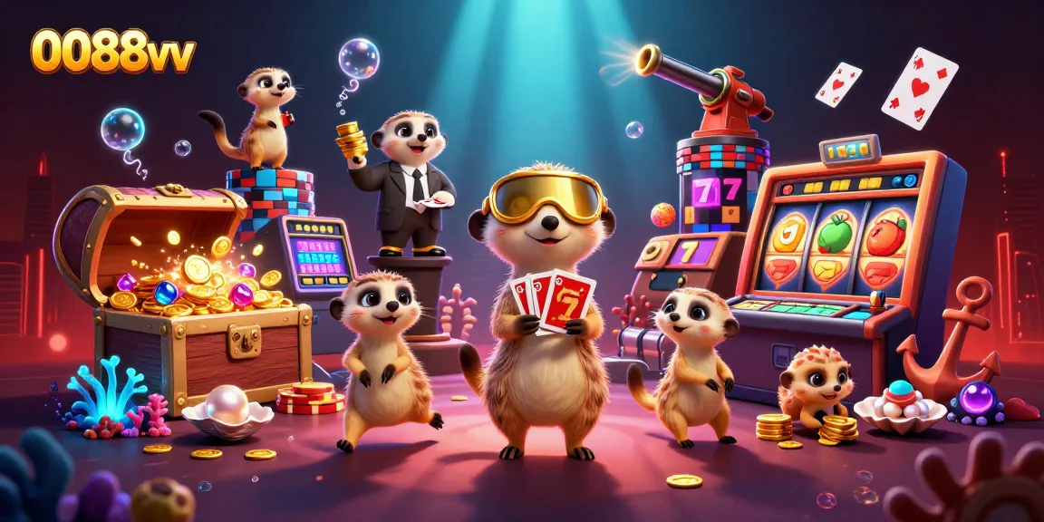 Experience the vibrant casino world of 0088vv through this animated meerkat-themed illustration featuring a thrilling gaming atmosphere.